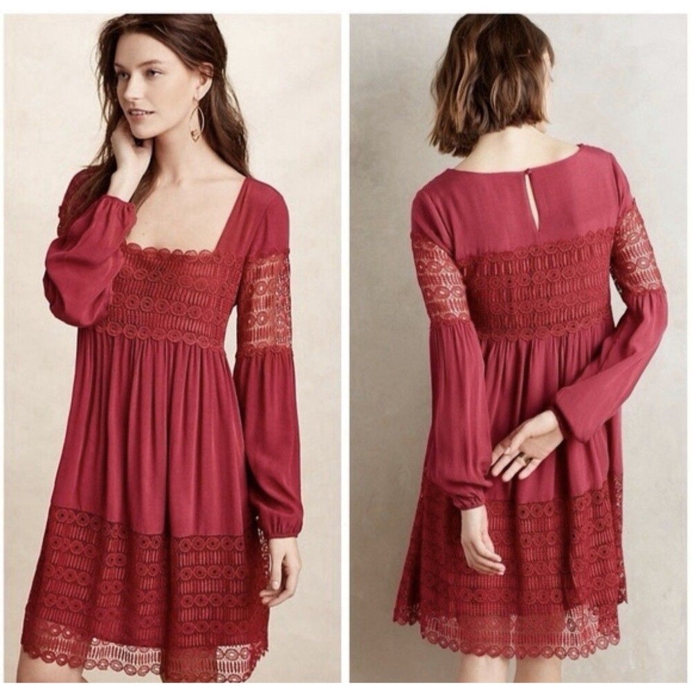 Anthropologie Floreat Aveline Lace Long Sleeve Sheer Dress Raspberry Size 4